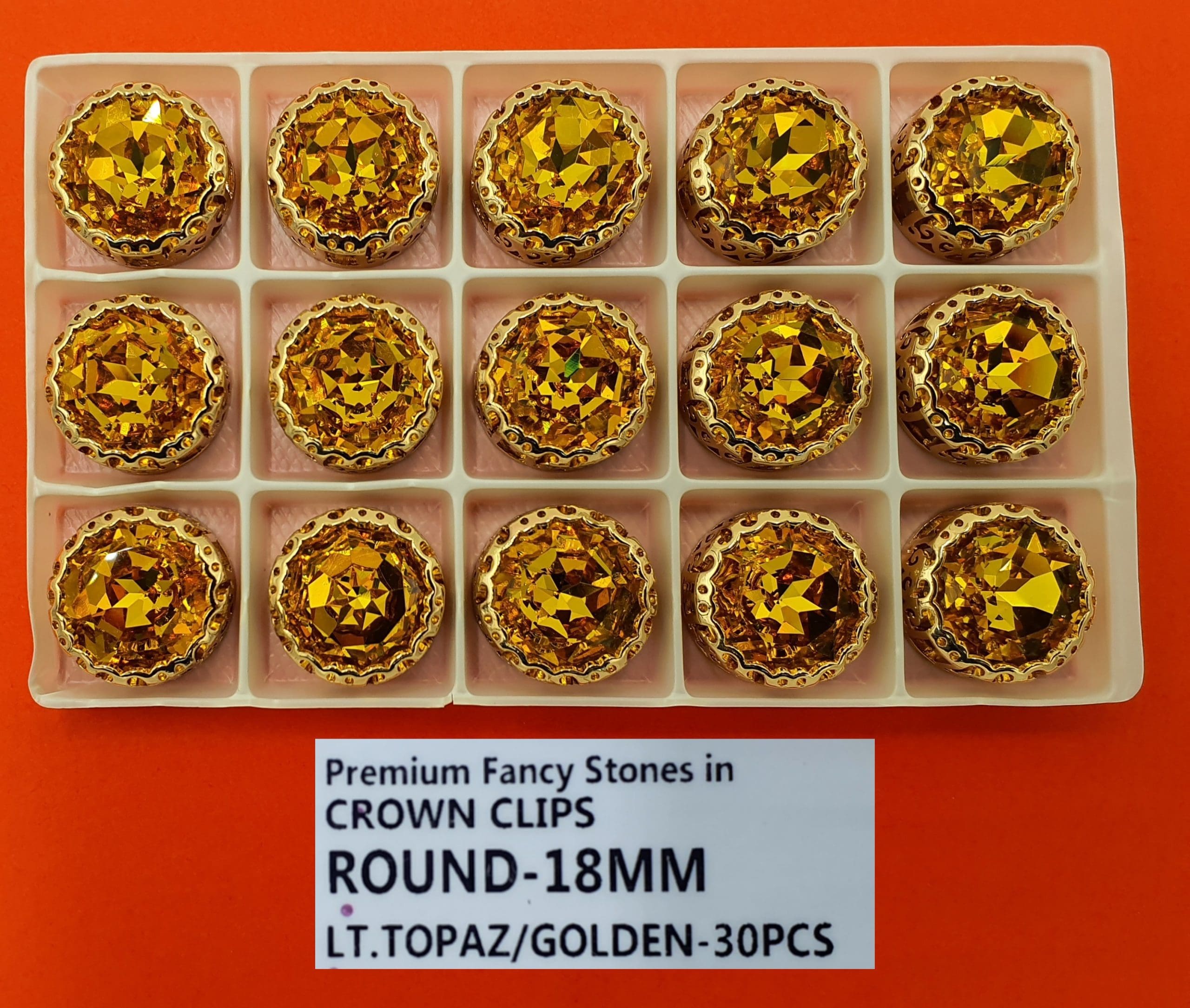 CRYSTAL STONES:30PC (ROUND-18MM) - LT.TOPAZ-GOLD