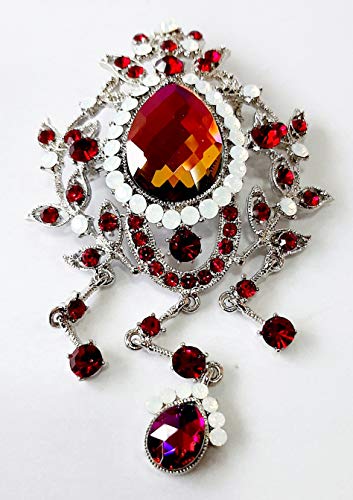 Brooch, Rhodium Plated Metal with Cubic Zircon (B2375) Red/Light Smoked topaz/white Opal