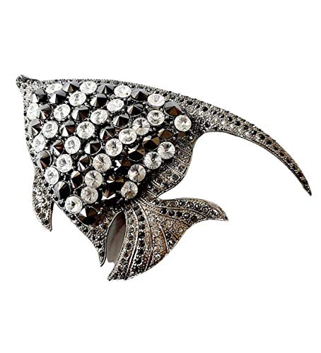 Brooch, Rhodium Plated Metal with Cubic Zircon (B2392) Crystal with Jet Color