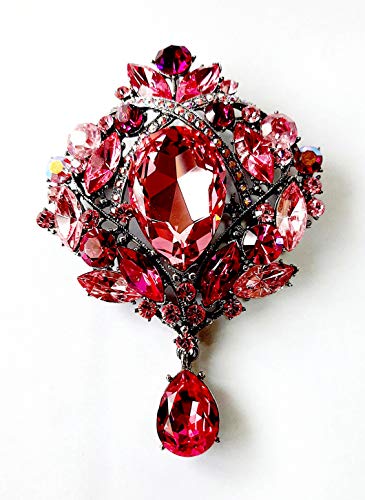 Brooch, Rhodium Plated Metal with Cubic Zircon (B2398) Light Pink