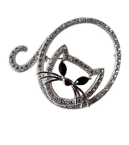 Brooch, Rhodium Plated Metal with Cubic Zircon (B2554) SILVER/JET