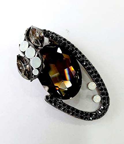 Brooch, Rhodium Plated Metal with Cubic Zircon (B4086) Gray/Jet/White opal