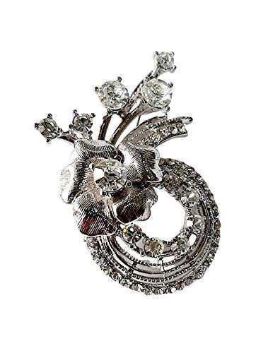 Brooch, Rhodium Plated Metal with Cubic Zircon (B4860) Silver