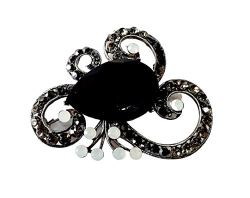 Brooch, Rhodium Plated Metal with Cubic Zircon (B4960) Jet/Opal