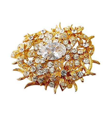 Brooch, Rhodium Plated Metal with Cubic Zircon (B6113) Gold/Crystal