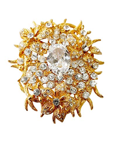 Brooch, Rhodium Plated Metal with Cubic Zircon (B6113) Gold/Crystal