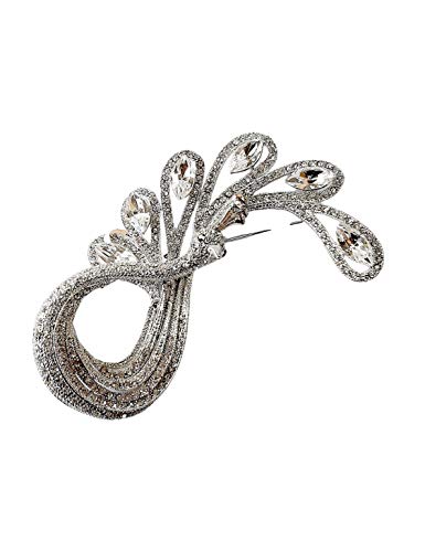 Brooch, Rhodium Plated Metal with Cubic Zircon (B6872) Silver