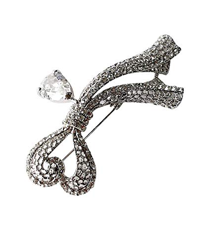 Brooch, Rhodium Plated Metal with Cubic Zircon (B6916) Silver