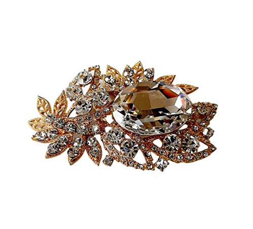Brooch, Rhodium Plated Metal with Cubic Zircon (B7048) Gold/Crystal