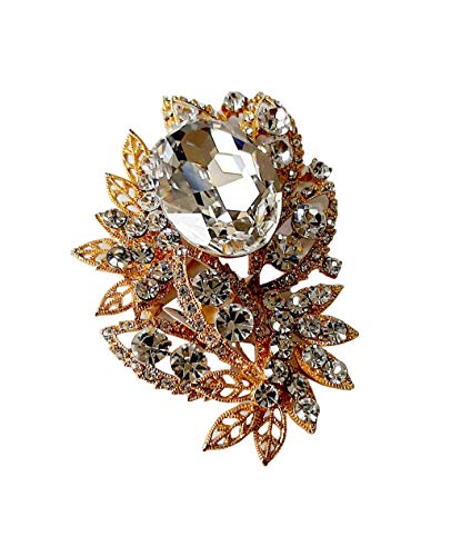 Brooch, Rhodium Plated Metal with Cubic Zircon (B7048) Gold/Crystal