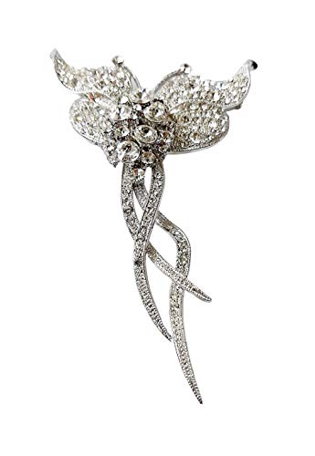 Brooch, Rhodium Plated Metal with Cubic Zircon (B7082) Silver