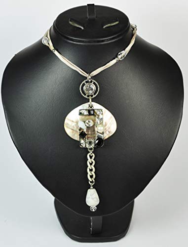 CHARTAGE NECKLACE Rhodium Plated Metal with Swarovski Stone (ST94906) Beige Cord with shell