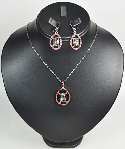 CHARTAGE NECKLACE SET BELGIAN DESIGN. RHODIUM PLATED METAL WITH CUBIC ZIRCON STONE (ST64431) BLACK/RED