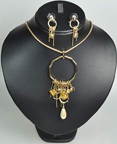 CHARTAGE NECKLACE SET BELGIAN DESIGN RHODIUM PLATED METAL WITH CUBIC ZIRCON STONE. (ST65226) GOLD/LIGHT YELLOW PEARL