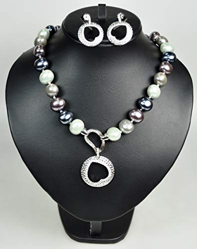 CHARTAGE NECKLACE SET BELGIAN DESIGN RHODIUM PLATED METAL WITH CUBIC ZIRCON STONE/PEARL.(ST10302) SILVER/MULTY COLOR