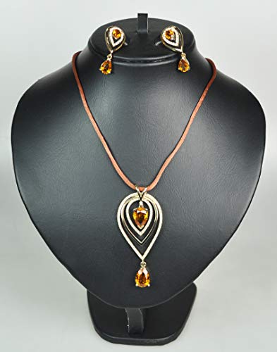 CHARTAGE NECKLACE SET WITH BELGIAN DESIGN. Rhodium Plated Metal with Aquamarine Stone/Cubic Zircon (ST59624) BROWN CORD…