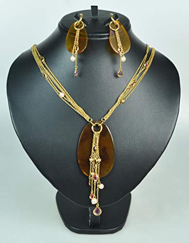 CHARTAGE NECKLACE SET WITH EARRING. BELGIAN DESIGN. Gold Plated Metal with Cubic Zircon (ST65631) Gold Chain/Brown