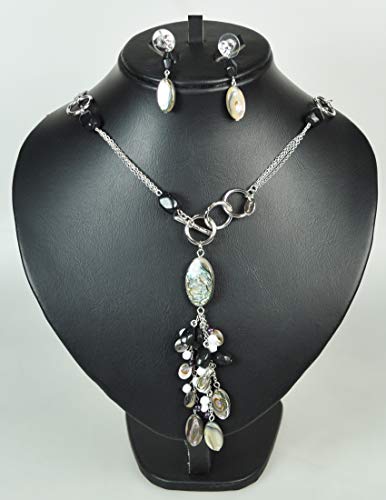 CHARTAGE NECKLACE SET WITH EARRING. BELGIAN DESIGN Rhodium Plated Metal with Belgian beads. (ST95037) Silver/Grey Beads