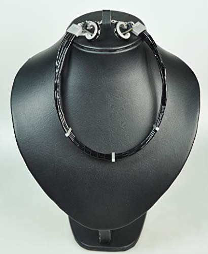 CHARTAGE NECKLACE SET WITH EARRING Belgian Design Rhodium Plated Metal with Belgian Beads. (MDSF69) Silver/Black