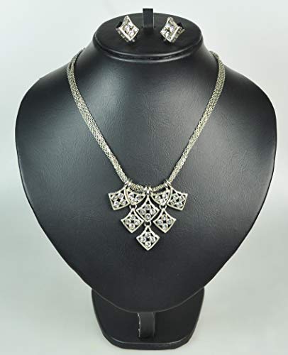 CHARTAGE NECKLACE SET WITH EARRINGS. BELGIAN DESIGN. Rhodium Plated Metal with cubic Zircon Stone (ST90575) Silver…