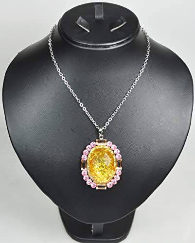 FASHION NECKLACE WITH BIG PENDANT. RHODIUM PLATED METAL.(N2494) SILVER/LIGHT YELLOW/LIGHT PINK