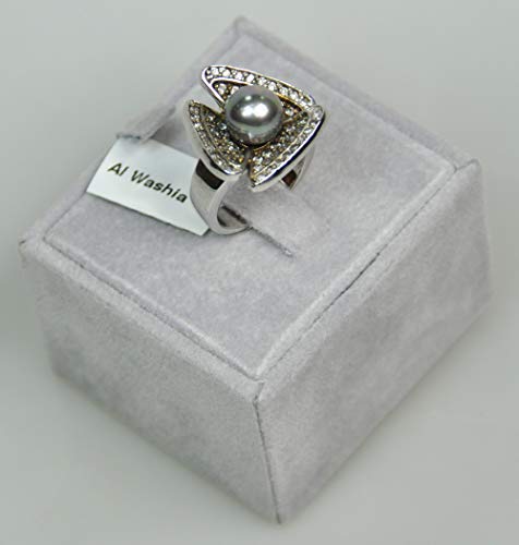 Finger Ring Belgian Design Rhodium Plated Metal With Cubic Zircon (F63862) Silver with Pearl Dark Gray