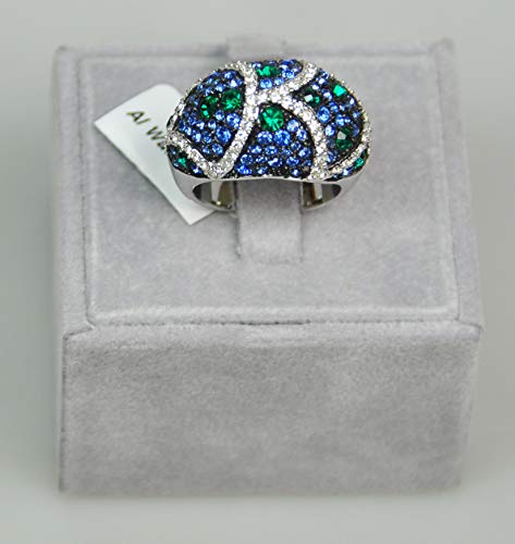 Finger Ring Belgian Design Rhodium Plated Metal With Cubic Zircon (F71843) Silver/Capri Blue Emerald Color
