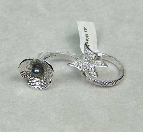 Finger Ring Lebanon Design. Rhodium Plated Metal With Cubic Zircon and pearl (F3954) Silver