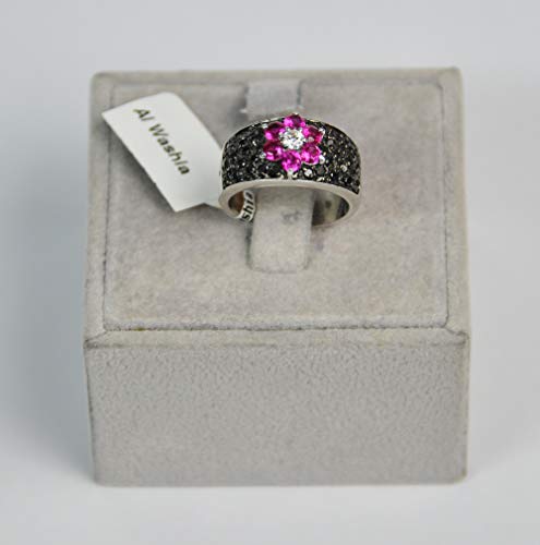 Finger Ring Rhodium Plated Metal With Cubic Zircon (F59379) Silver/Jet Fuchsia
