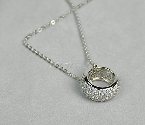 ITALY MADE NECKLACE WITH RING PENDANT. Rhodium Plated Metal with Swarovski Crystal. (N3799) Silver