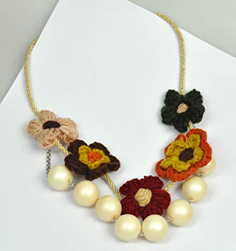 LEBANON MADE NECKLACE Hand Made Flower Crochet work (DSF99) Gold Cord,Beige Pearl/Multy Color Flower