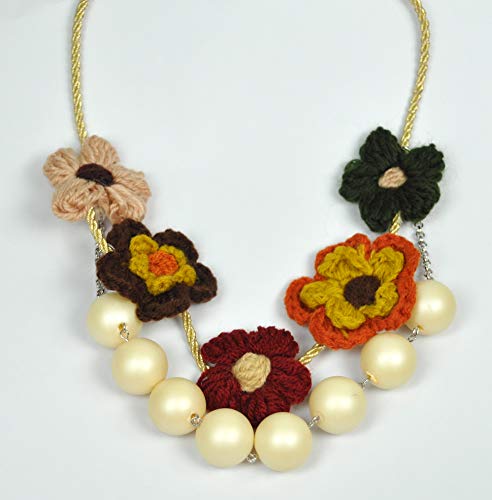 LEBANON MADE NECKLACE Hand Made Flower Crochet work (DSF99) Gold Cord,Beige Pearl/Multy Color Flower