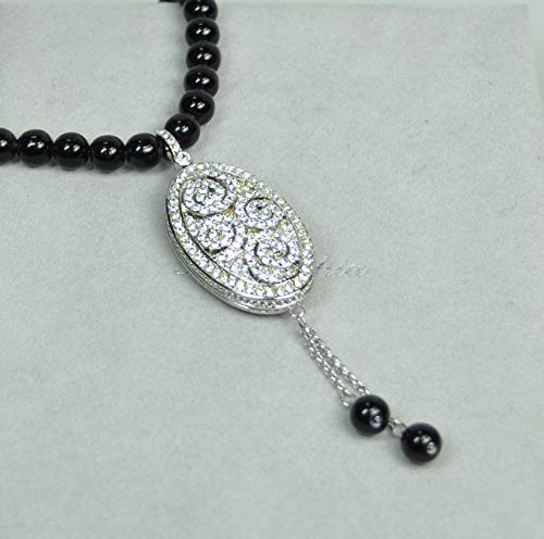 LEBANON MADE-NECKLACE .RHODIUM PLATED METAL WITH BLACK BEADS. (N3798) Silver/Black
