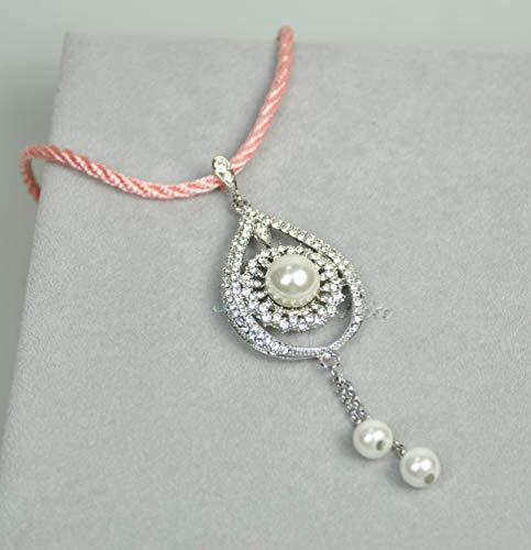LEBANON MADE NECKLACE Rhodium Plated Metal with Cubic Zircon stone. (N2352) Pink Cord/Silver