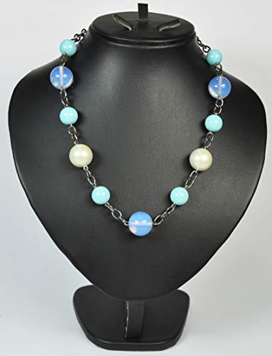 LEBANON MADE NECKLACE Rhodium plated Metal with Marble Beads. (DSF99) Antique silver/Blueish Beads
