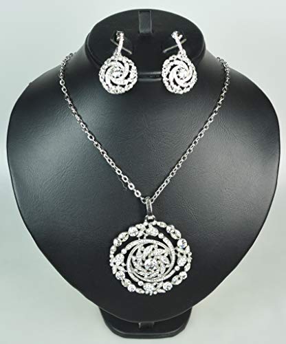 LONG NECKLACE WITH EARRING. Rhodium Plated Chain with Crystal. (ST5646) Silver