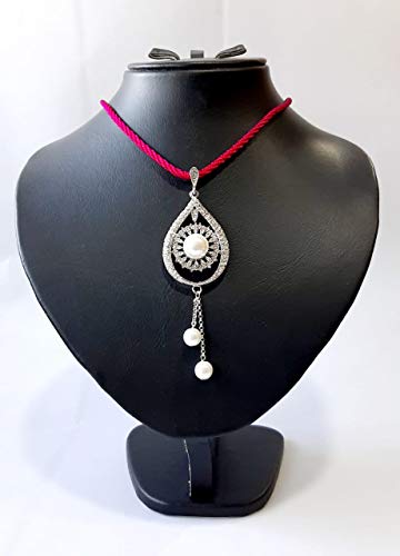 Lebanon made Necklace, Rhodium Plated Metal with Cubic Zircon with Pearl (N2352) Fuchsia Cord
