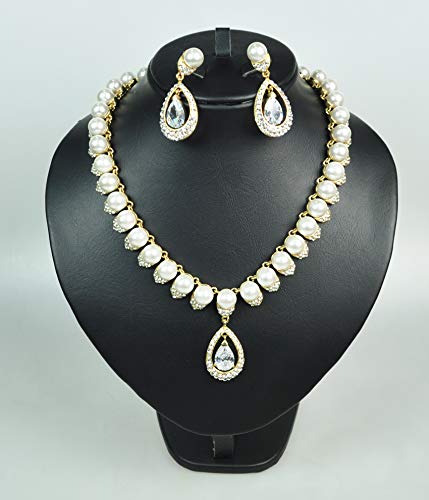 NECKLACE SET RHODIUM PLATED METAL WITH CUBIC ZIRCON STONE AND PEARL. (ST4157) GOLD