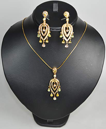 NECKLACE SET RHODIUM PLATED METAL WITH CUBIC ZIRCON STONE. (ST49393) GOLD/LIGHT YELLOW/LIGHT GREEN