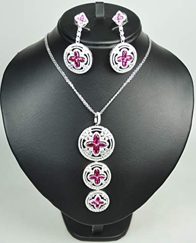 NECKLACE SET RHODIUM PLATED METAL WITH CUBIC ZIRCON STONE. (ST5610) SILVER/FUSCHIA