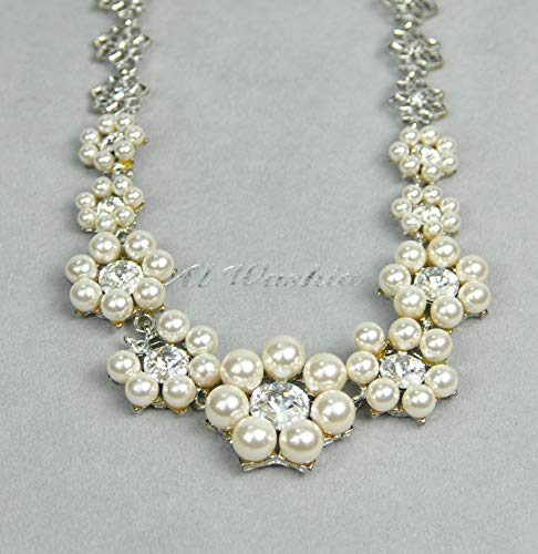 NECKLACE SET RHODIUM PLATED METAL WITH CUBIC ZIRCON STOSTNE AND PEARL.(N3819) Silver