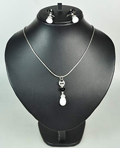 NECKLACE SET WITH EARRING RHODIUM PLATED METAL WITH CUBIC ZIRCON STONE (ST49409)-SILVER/White/Black