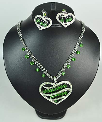 NECKLACE SET WITH EARRING Rhodium Plated with Crystal Beads (MDSF69) Silver/Light Green stone