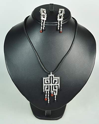 NECKLACE SETWITH CUBIC STONE. Rhodium Plated Metal with Cubic Zircon Stone. (ST79087) Black Cord/Crystal