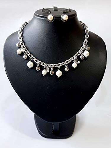 Necklace Set/Belgian Design/Rhodium Plated with Cubic Zircon, Pearl (ST67383) Silver/White Pearl